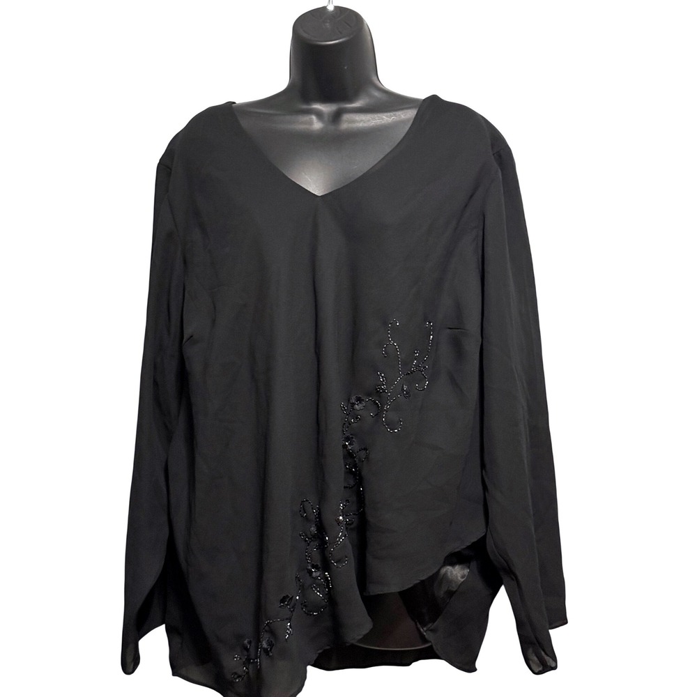 NY Collection Woman Black Beaded Floral V-Neck Asymmetrical Blouse 3X 3A81602